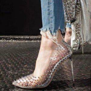 Revolve Steve Madden Luiza Vala Studded Clear Pointed toe Stiletto Heels Silver